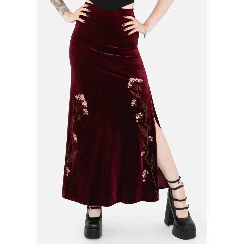 Disturbia Virosa Floral Embroidered Velour Maxi Skirt Burgundy Size 16 New W/Tag